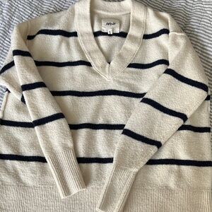 Aerie Ivory and Black Striped V-Neck Sweater